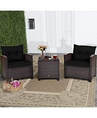 3PCS Patio Rattan Furniture Set Cushioned Sofa Coffee Table Garden