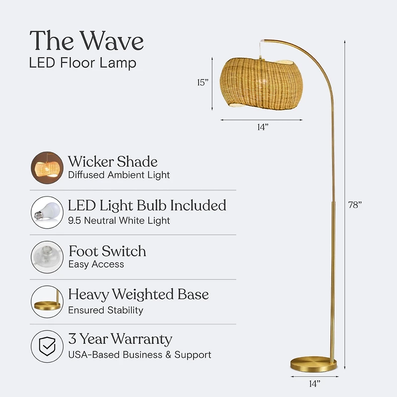 Wave Pendant Led Arc Standing Floor Lamp with Wicker Shade (81")