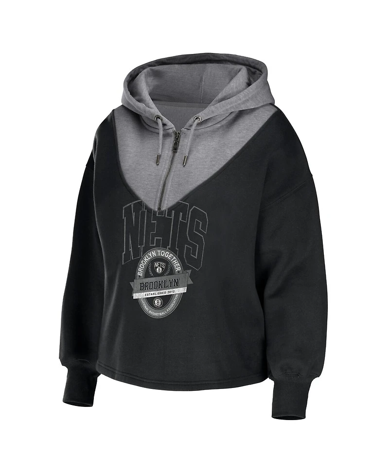 Women's Wear by Erin Andrews Black Brooklyn Nets Pieced Quarter-Zip Hoodie Jacket
