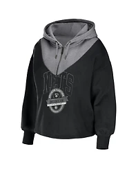 Women's Wear by Erin Andrews Black Brooklyn Nets Pieced Quarter-Zip Hoodie Jacket