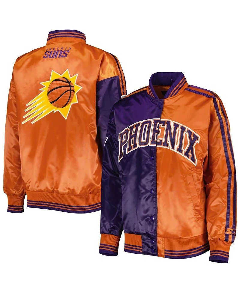 Women's Starter Purple, Orange Phoenix Suns Split Colorblock Satin Full-Snap Varsity Jacket
