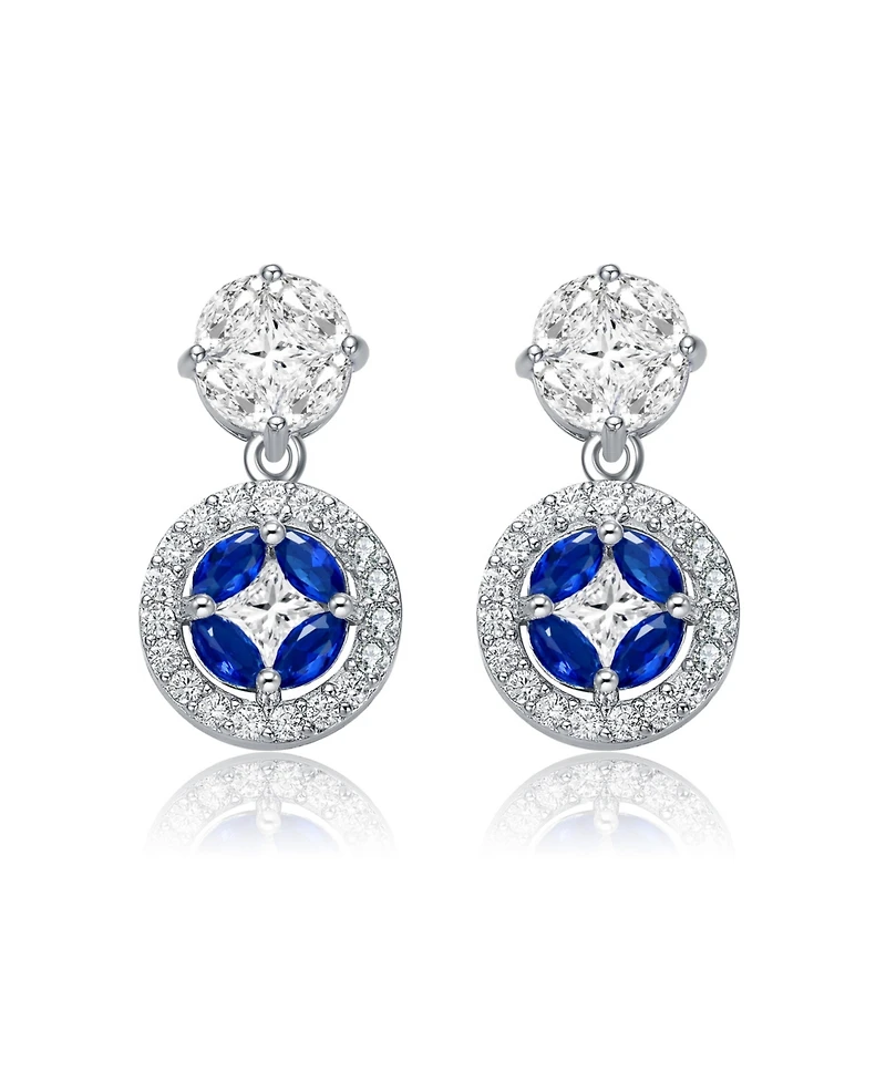 Sterling Silver White Gold Plated Blue Marquise with Clear Princess and Round Cubic Zirconia Accent Drop Earrings