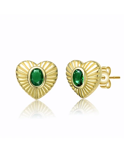 Sterling Silver 14k Yellow Gold Plated with Green Cubic Zirconia Sunray Heart Stud Earrings