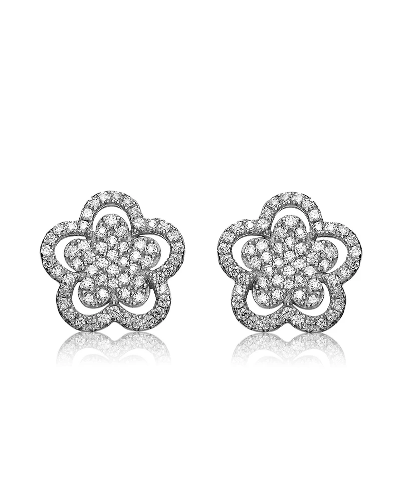 Sterling Silver In White Gold Plating Cubic Zirconia Double flower Stud Earrings