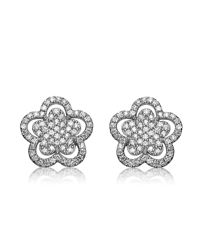 Sterling Silver In White Gold Plating Cubic Zirconia Double flower Stud Earrings
