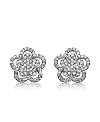 Sterling Silver In White Gold Plating Cubic Zirconia Double flower Stud Earrings