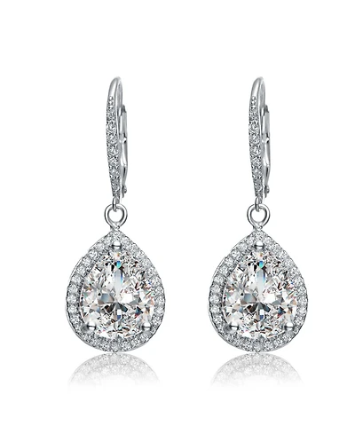 Sterling Silver white Gold Plated Pear Drop Cubic Zirconia Cluster Pear Leaver Back Earrings