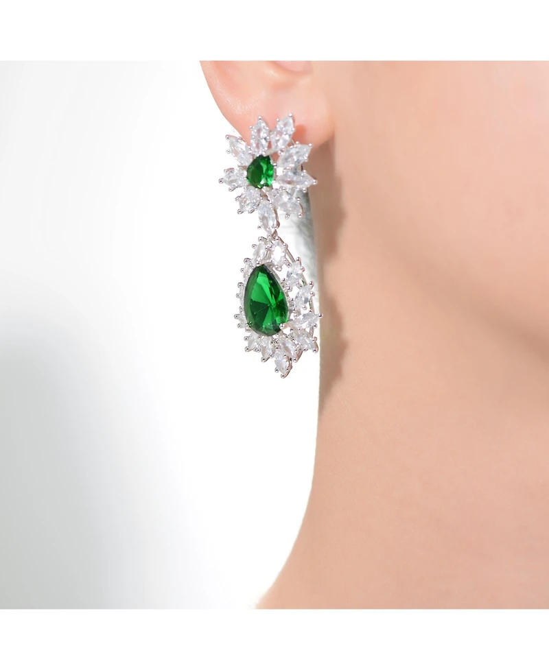 Sterling Silver White Gold Plated with Clear, Green, Blue, or Light Blue Cubic Zirconia Drop Earrings