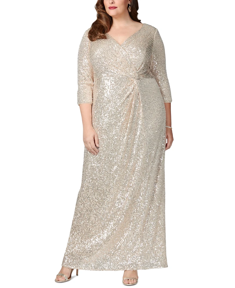 Alex Evenings Plus V-Neck 3/4-Sleeve Sequin Gown