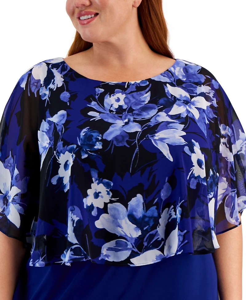Connected Plus Floral-Print Capelet Sheath Dress