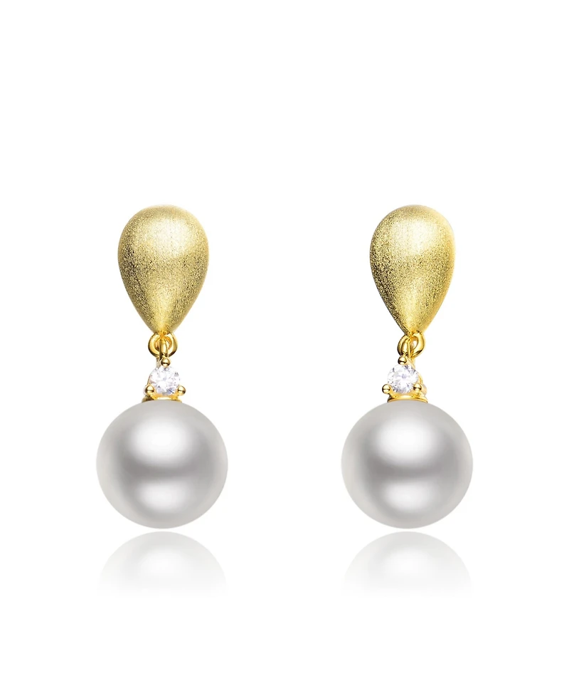 Cubic Zirconia Sterling Silver Brushed Gold Plated Pearl Drop Earrings