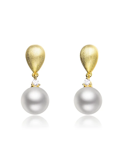 Cubic Zirconia Sterling Silver Brushed Gold Plated Pearl Drop Earrings