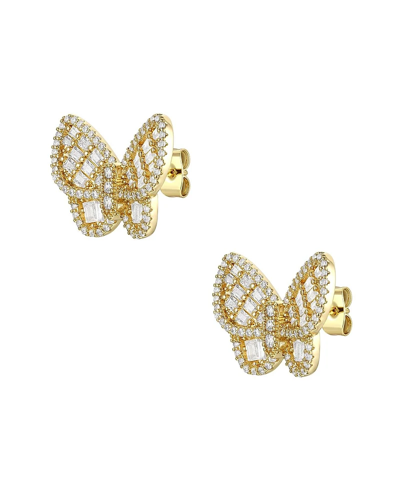 14k Yellow Gold Plated Sterling Silver with Cubic Zirconia Clusters Butterfly Stud Earrings