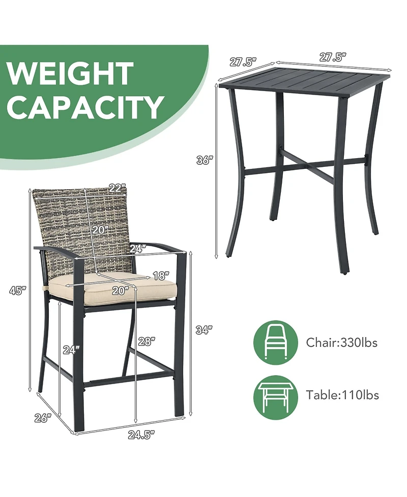 Costway Patio Rattan Bar Furniture Set Slat Table 2 Cushioned Stools Poolside