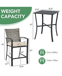 Costway Patio Rattan Bar Furniture Set Slat Table 2 Cushioned Stools Poolside