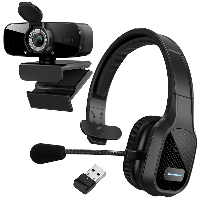 Delton 20X Professional Computer Headset w/ Auto Pairing Usb Dongle and 1080p Webcam