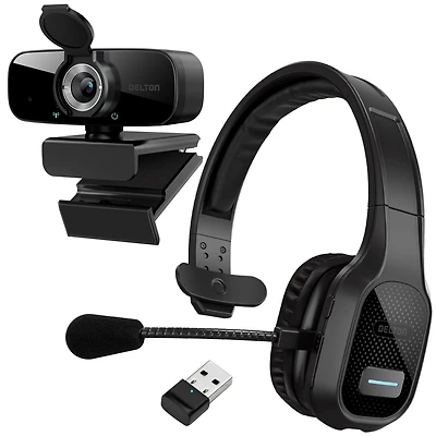 Delton 20X Professional Computer Headset w/ Auto Pairing Usb Dongle and 1080p Webcam