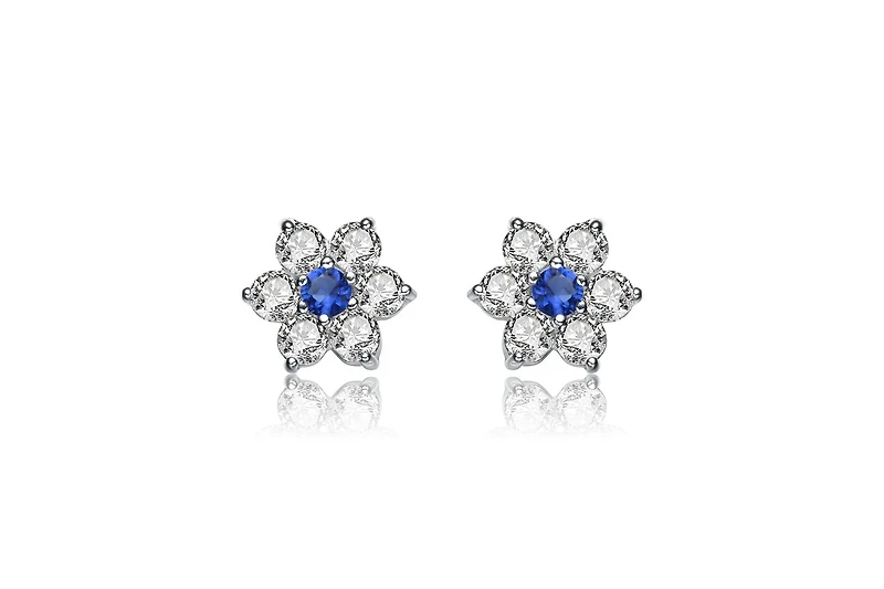 Sterling Silver Clear Round Cubic Zirconias Flower Shape Earrings