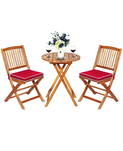 3PCS Patio Folding Wooden Bistro Set Cushioned Chair Conversation Garden