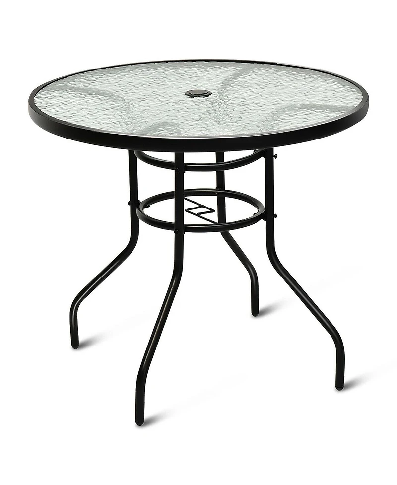 32'' Patio Round Table Tempered Glass Steel Frame Outdoor Pool Yard Garden