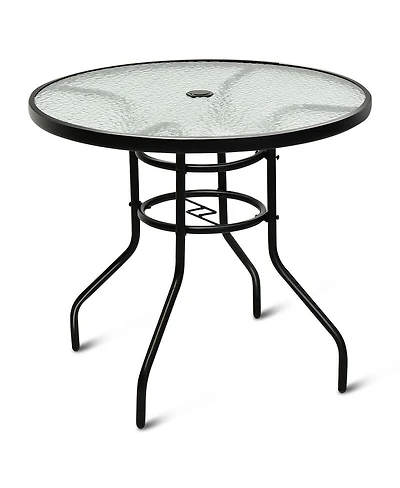 32'' Patio Round Table Tempered Glass Steel Frame Outdoor Pool Yard Garden