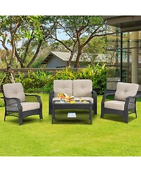 4PCS Patio Wicker Furniture Set Loveseat Sofa Coffee Table W/ Cushion