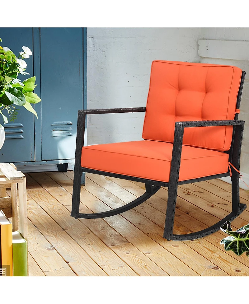 Costway Patio Rattan Rocker Chair Outdoor Glider Wicker Rocking Chair Cushion Lawn Deck