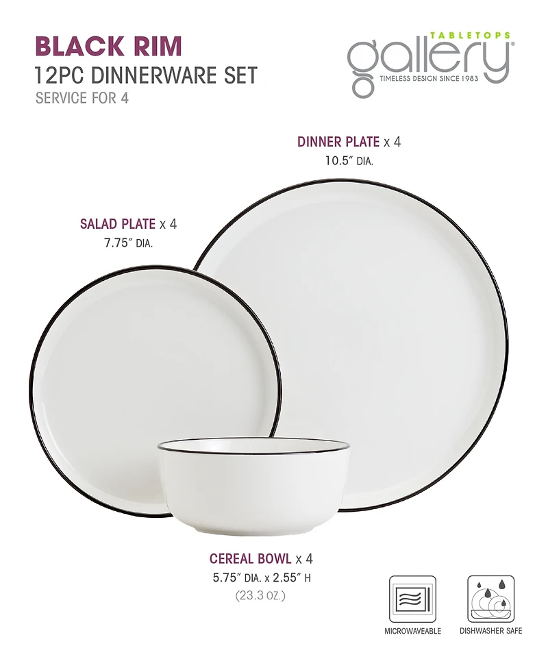Tabletops Unlimited 12 Pc. Black Rim Dinnerware Set, Service for 4