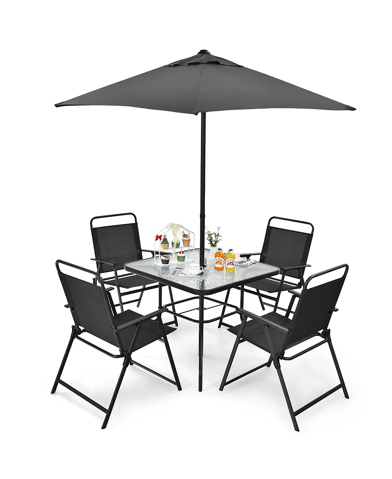 6PCS Patio Furniture Dining Set Folding Chairs Glass Table W/Umbrella Deck