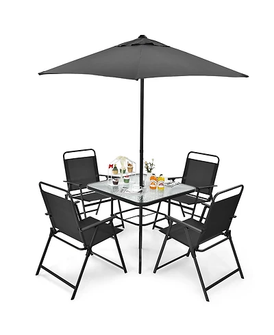6PCS Patio Furniture Dining Set Folding Chairs Glass Table W/Umbrella Deck