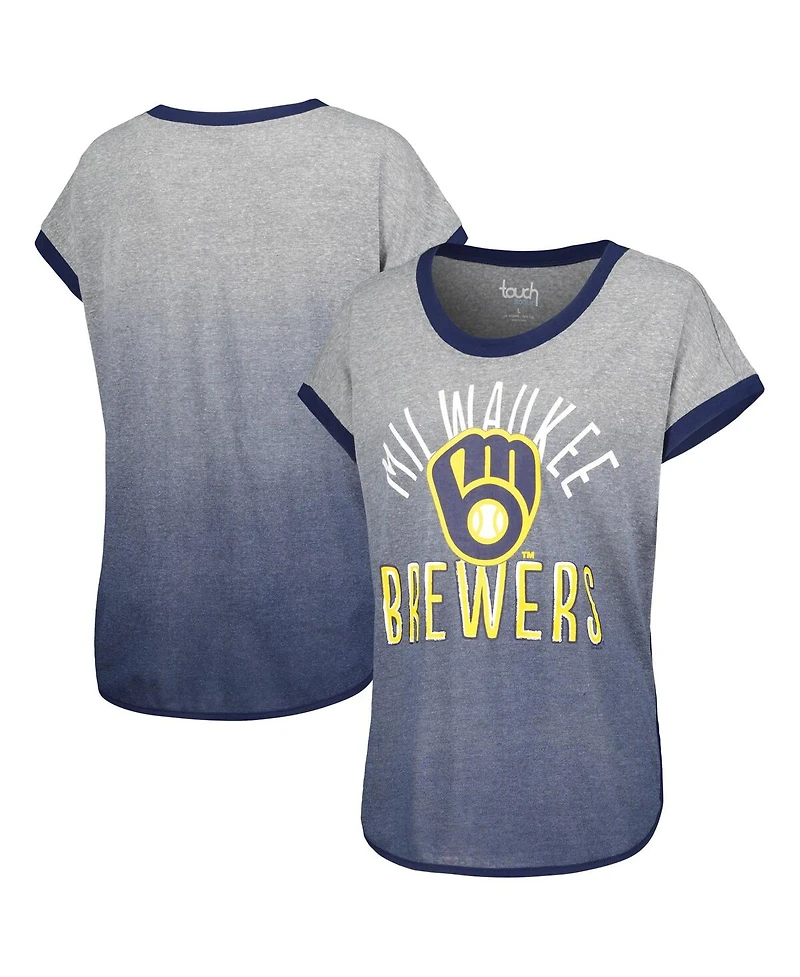 Women's Touch Gray, Navy Milwaukee Brewers Home Run Tri-Blend Short Sleeve T-shirt