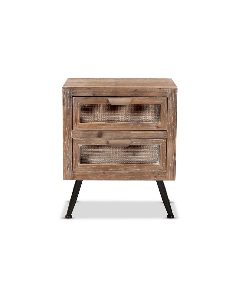 Baxton Studio Calida Mid-Century Modern 22.8" Whitewashed Finished Wood and Rattan 2-Drawer Nightstand
