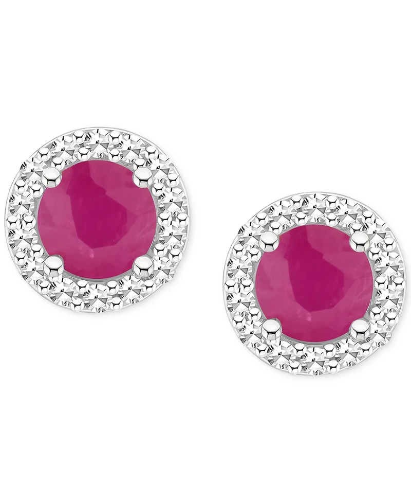 Emerald (1/2 ct. t.w.) & Diamond (1/6 Halo Stud Earrings Sterling Silver (Also Ruby Sapphire)