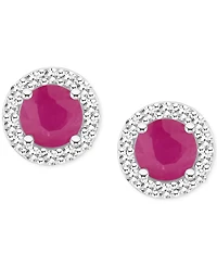 Emerald (1/2 ct. t.w.) & Diamond (1/6 Halo Stud Earrings Sterling Silver (Also Ruby Sapphire)