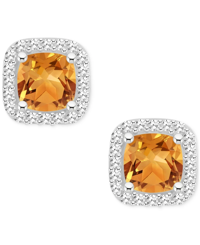 Amethyst (1 ct. t.w.) & Diamond (1/5 Cushion Halo Stud Earrings Sterling Silver (Also Citrine, Garnet, Peridot, Blue Topaz)