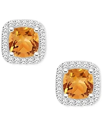 Amethyst (1 ct. t.w.) & Diamond (1/5 Cushion Halo Stud Earrings Sterling Silver (Also Citrine, Garnet, Peridot, Blue Topaz)