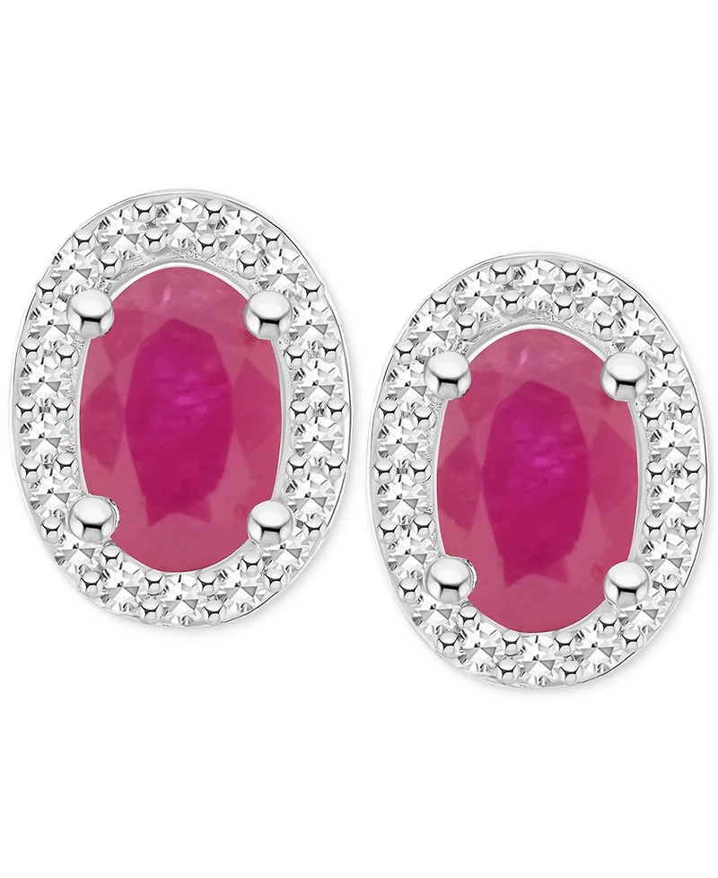 Emerald (1 ct. t.w.) & Diamond (1/6 Halo Stud Earrings Sterling Silver (Also Ruby Sapphire)