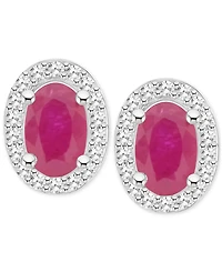 Emerald (1 ct. t.w.) & Diamond (1/6 Halo Stud Earrings Sterling Silver (Also Ruby Sapphire)
