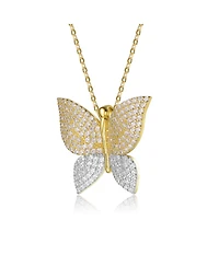 14k Yellow Gold and White Gold Plating with Cubic Zirconia Butterfly Pendant Necklace in Sterling Silver