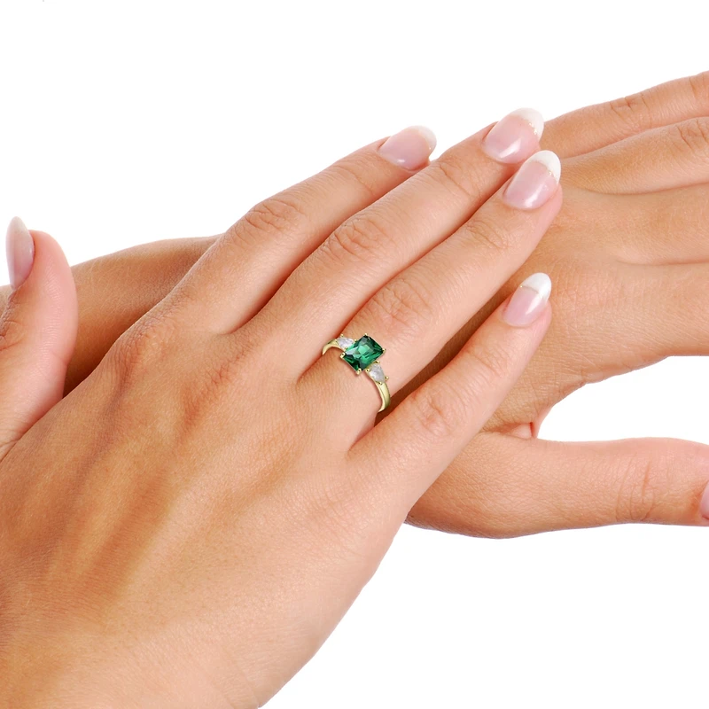 Sterling Silver 14k Yellow Gold Plated with Green & Cubic Zirconia 3-Stone Statement Ring