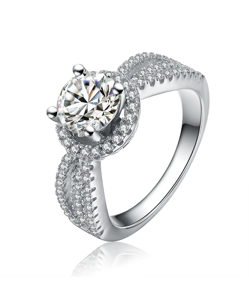 Sterling Silver White Gold Plated Cubic Zirconia Halo Round Cut Eternity Promise Ring