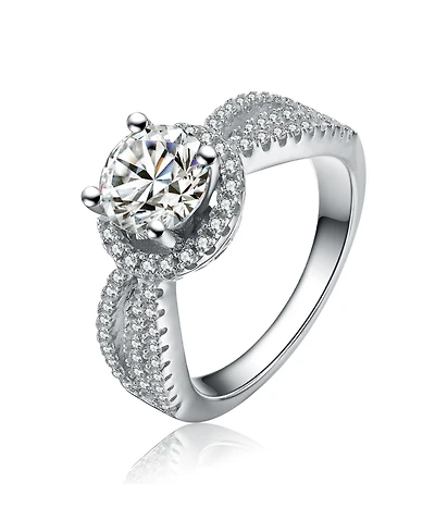 Sterling Silver White Gold Plated Cubic Zirconia Halo Round Cut Eternity Promise Ring