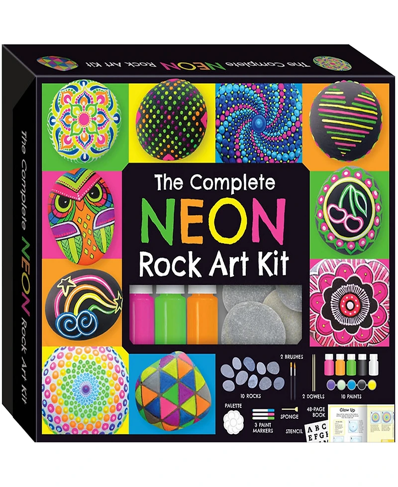 The Complete Neon Rock Art Kit Diy Rock Painting For Kids, Rocks, Brushes, Paint, Stencils included 19 Easy-To-Follow Projects