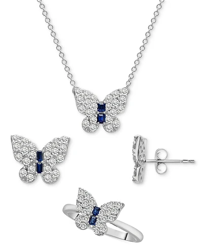 3-Pc. Set Lab-grown White Sapphire (2-1/5 ct. t.w.) & Lab-grown Blue Sapphire (1/4 ct. t.w.) Butterfly Pendant Necklace, Stud Earrings, and Ring in St