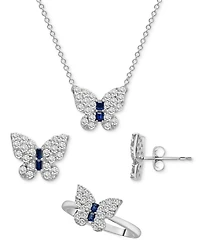 3-Pc. Set Lab-grown White Sapphire (2-1/5 ct. t.w.) & Lab-grown Blue Sapphire (1/4 ct. t.w.) Butterfly Pendant Necklace, Stud Earrings, and Ring in St