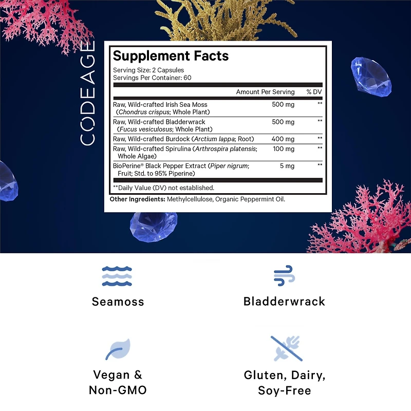 Codeage Raw Wildcrafted Irish Sea Moss Supplement, Spirulina Algae, Bladderwrack Seaweed, Burdock Root, Black Pepper, Non-gmo, 120 Capsules