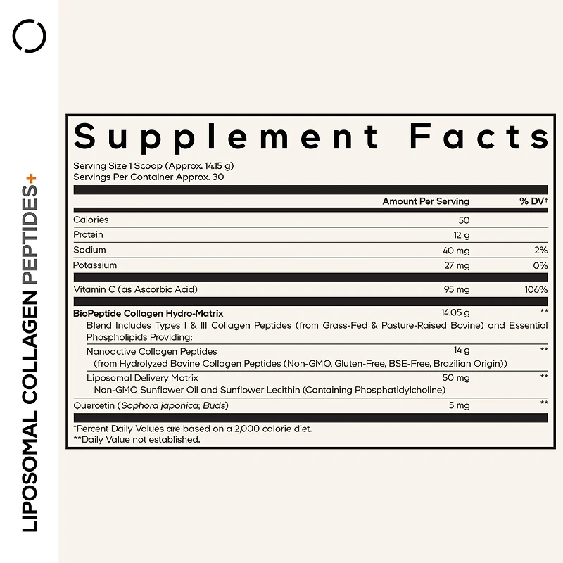 Codeage Liposomal Collagen Peptides Powder + Vitamin C & Quercetin Phytosome, Phospholipid Complex, Grass-Fed Pasture-Raised Hydrolyzed Collagen Type
