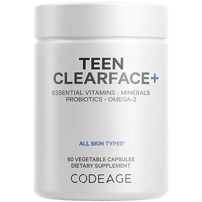 Codeage Teen Clearface Adolescent Face, Skin & Pimples, Vitamins A, C, D3, E, Pantothenic Acid, Niacin, Zinc Supplement Teenagers, Probiotics, L-Lysin