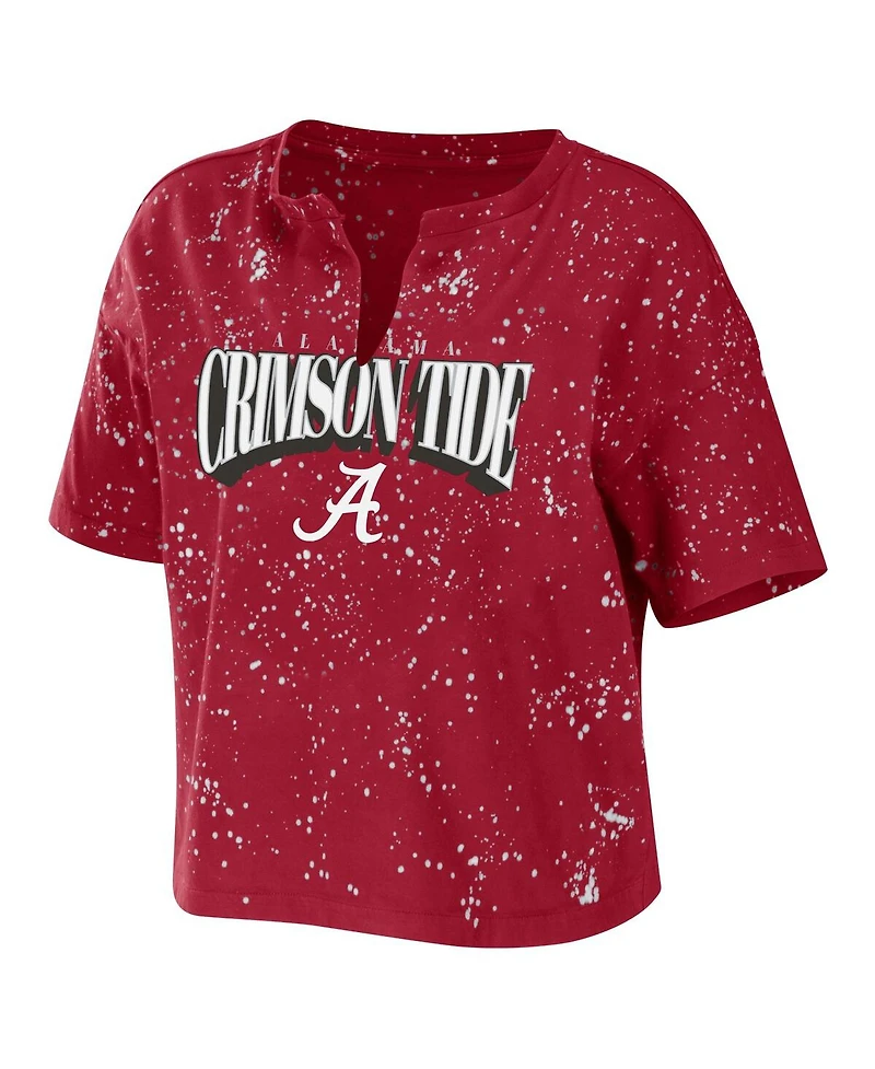 Women's Wear by Erin Andrews Crimson Alabama Tide Bleach Wash Splatter Notch Neck T-shirt