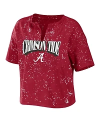 Women's Wear by Erin Andrews Crimson Alabama Tide Bleach Wash Splatter Notch Neck T-shirt
